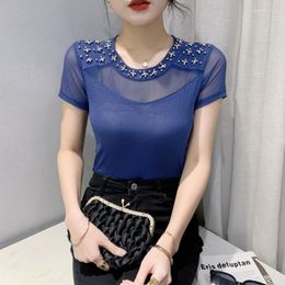 Women's T Shirts Sexy Hollow Out Mesh Perspective Short Sleeve Shirt Femme O-neck Korean Style Tight Womens Tee Black Blue Summer