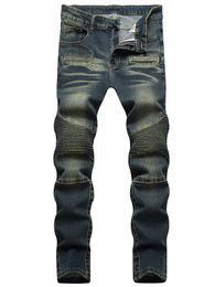 Motorcycle Slim-Fit Men's Biker Jeans Vintage Straight Stretch Skinny Pants Male Street Green Cotton Denim Trousers