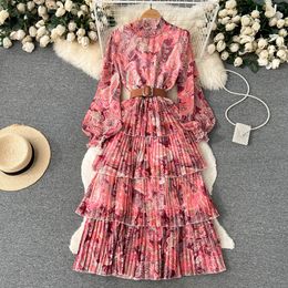 Standing collar mesh long sleeved dress with ruffle edge printing waistband puffy large swing dress lantern sleeve cake long dress