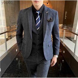 Men's Jackets 3 Piece Men Groom Wedding Dress Plaid Formal Suits Set High Quality Men Fashion Casual Business Suit Three-piece Tuxedo S-7XLL231115