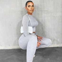 Women's Two Piece Pants 2 Sets Sport Suit Celebrity Women Long Sleeve Crop Tops High Waist Leggings Workout Seamless Clothes Tracksuit 231114