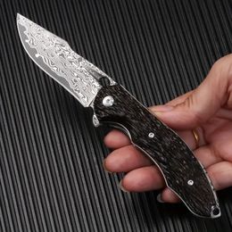 Damascus Steel Portable Knife, VG10 Steel Core Forged Folding Knife, Portable Clamp Design Wooden Handle, 3.1 Inch High Hardness Blade,Hunting, Fruit, Collection Knife