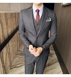 Men's Suits (Jacket Vest Pants) 2023 Men's High Quality Business Suits/Male Groom's Pure Cotton Wedding Dress Leisure Blazers