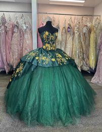 Hunter Green Mexican Charro Quinceanera Dresses Sweetheart Gold Horse Embroidery vestido de 15 anos Prom Birthday Gown
