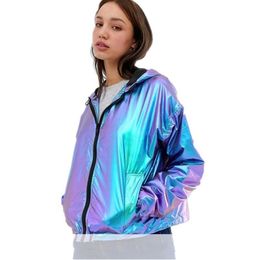 Women's Jackets Spring Women Laser Reflective Jacket With Nood Thin Hip Hop Outerwear Waterproof Loose Short Plus Size