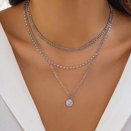 Pendant Necklaces KunJoe 3pcs/set Vintage Round Rhinestone Necklace For Women Men Punk Silver Colour Metal Link Chain Choker Set