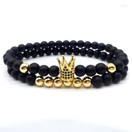 Charm Bracelets Fashion 6mm Black Frosted Copper Bead Hand String Bracelet Personality Temperament Micro Inset Zircon Crown Coup