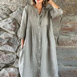 Casual Dresses Women Fashion Stand Collar Cotton Linen Dress Office Elegant Button Simple Solid Shirt 3/4 Sleeve Loose Long