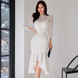 Casual Dresses Formal Dress Elegant White Hollow Lace Stitching Fishtail Sleeve 2023 Spring Autumn Slim Bodycon Party