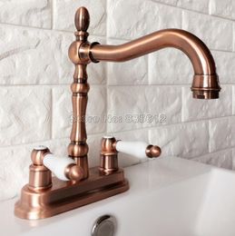 Bathroom Sink Faucets Red Copper Deck Mounted Faucet Basin Two Holes Tap Double Handle And Cold Water Mixer Taps Wrg049