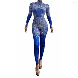 Stage Wear Blue Sparkly Crystal Shining Rhinestones Women Sexy Jumpsuit Pole Dance Nightclub Costume Party Bar DJ Leotard Wears