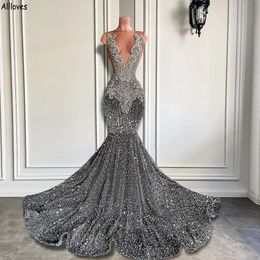 Sequined Rhinestones Grey Sparkle Plus Size Evening Dresses For Women Sheer V Neck Sexy Long Mermaid Prom Party Gowns Slim And Flare Second Reception Dress