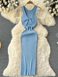 Casual Dresses YuooMuoo Women Dress Sexy Hollow Out Knot Knitted Bodycon Female Sleeveless High Split Summer Korean Vestidos