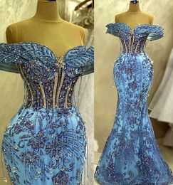 2023 April Aso Ebi Beaded Crystals Prom Dress Lace Mermaid Evening Formal Party Second Reception Birthday Engagement Gowns Dresses Robe De Soiree ZJ5224