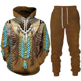 Men and Women 3D Printed Indian Native Style Casual Clothing Wolf Fashion Sweatshirt Hoodies and Trousers Exercise Suit 001
