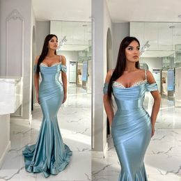 Charming Sky Blue Mermaid Prom Dresses Spaghetti Straps Party Dresses Beading Pleats Custom Made Evening Dress