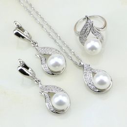 Wedding Jewellery Sets Fire 925 Silver Jewellery White Pearl Cubic Zirconia Jewellery Set Gift For Women Earrings/Ring/Pendant/Necklace Chain 231115