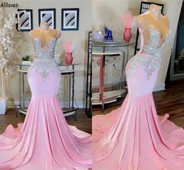 Pink Arabic Aso Ebi Mermaid Prom Dresses Stunning Crystals Rhinestones Sheer Neck Sexy Special Occasion Party Gowns Slim Fitted Plus Size Vestidos De Festa CL2168