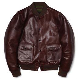 Men's Leather Faux Wine Red Classic A1 Flight Jacket Man Genuine Oil Wax Natural Cowhide Amekaki Retro Clothes 231114