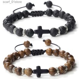 Corrente quente oração cruz homens pulseira artesanal 8mm natural tigre olho lava pedra contas de madeira trançada pulseiras vintage jóias para mulheres l231115