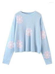 Women's Sweaters YENKYE Women Light Blue Floral Knitted Pullover Sweater O Neck Long Sleeve Female Loose Autumn Jumpers