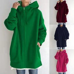 Kadın Ceketleri Zip Yukarı Gevşek Kapşonlu Ceket Kadınlar Harajuku Sweatshirtler Sıradan Düz Renkli Ceket Sokak Giysesi Sonbahar Kış Uzun Kollu Katlar Y2K