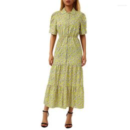 Party Dresses Women Short Sleeve Long Dress Female Summer Boho Floral Print V-neck Holiday Sea Elastic Waist Fresh Shirt Maxi