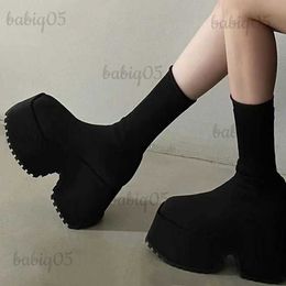 Boots 2023 New Thick Heel Knitted Elastic Mid Sleeve Boots for Women's Large Heels and Two Wear Elastic Wool Cotton Boots T231115