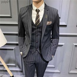 Men's Jackets 2023 Men's Fashion Boutique Striped Wedding Dress Suit Three Piece Set Formal Business Casual Blazers Jacket Vest PantsL231115