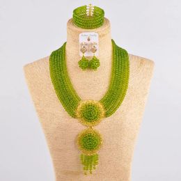 Necklace Earrings Set Majalia Fashion Nigeria Wedding African Beads Jewelry Olive Green Crystal Bracelet Bridal Sets Ls-01