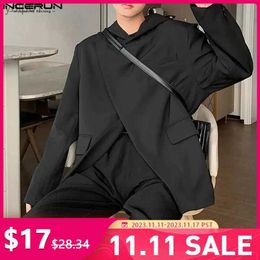 Men's Jackets Tops 2023 Korean Style Handsome New Men Hooded Diagonal Placket Design Suit Solid All-match Casual Hot Sale Blazer S-5XLL231115