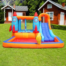 Inflatable Water Park For Kids Backyard Outdoor Play Fun Bounce House with Slide Pool Bouncer Jumper Birthday Party Yard Small Gifts Toys Rocket Theme Waterslide