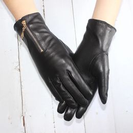 Five Fingers Gloves touch screen women's sheepskin gloves leather fleece lined fashion zipper warm autumn and winter outdoor driving gloves 231115