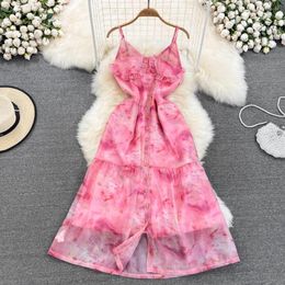 Casual Dresses Sexy Pink Tie-dye Backless Suspender Dress For Girls Seaside Holiday Beach High Waist Age Reduce Women Boho Sling