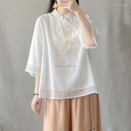 Ethnic Clothing 2023 Chinese Retro Style Embroidered Cheongsam Blouse Women's Spring And Summer Loose Stand Collar Seven-point Sleeve