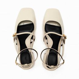 Nxy Sandals Summer White Mary Janes Heeled for Women Squared Toe Block Heel Slingbacj Shoes Black Leather Heels 230406