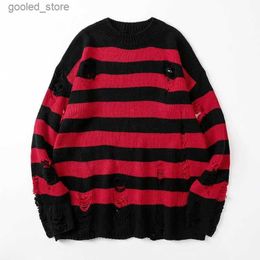 Men's Sweaters Black Stripe Sweaters Destroyed Ripped Sweater Men Pullover Hole Knit Jumpers Men Oversized Sweatshirt Harajuku Long Sleeve Tops Q231115