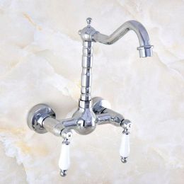 Kitchen Faucets Polished Chrome Brass Wall Mounted Bathroom Sink Faucet Swivel Spout Mixer Tap Dual Ceramics Handles Levers Mnf561