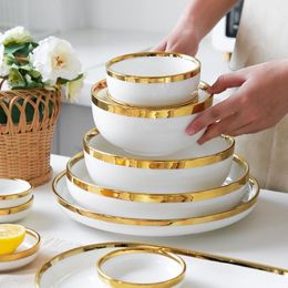 High-quality Matte Gilt Rim White Porcelain Dinner Tray Kitchen Plates Ceramic Tableware Food Dishes Rice Salad Noodles Bowl