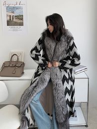 Women's Fur Faux OFTBUY Real Coat Winter Jacket Women Wool Blends Plaid Silver Collar Tweed XLong Slim Belt Warm 231115