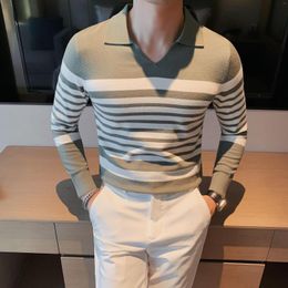 Men's T Shirts Premium Luxury Knitted POLO Shirt Men's Spring And Autumn Contrast Stripe V-neck Sweater Men Casual Fashion Long Sleeve