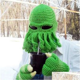 Berets Novelty Funny Tentacle Octopus Hat Handmade Crochet Cthhu Beard Beanie Mens Womens Knit Wind Mask Cap Halloween Anima Dhgarden Dh9Ms