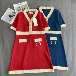 Basic & Casual Dresses designer luxury G knitting V-neck letter embroidered short sleeve dress women's high waist temperament thin A-shaped skirt 2022 summer new