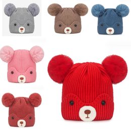 Winter Stripe Rabbit Fur Plush Soft Thicken Wool Warm Beer Cute Pom Pom Skullies Beanie Knitted Hat For Kids DF319