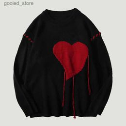 Men's Sweaters Harajuku Heart-Shape Pattern Tassel Knitted Ugly Sweaters Men Hip Hop Vintage Casual Loose O-Neck College Style Pullover Couples Q231115