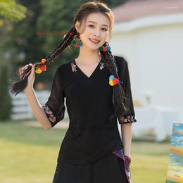 Ethnic Clothing 2023 Chinese Vintage Shirt National Style Women Flower Embroidery Tops Loose V-neck Mesh Slim Oriental Base