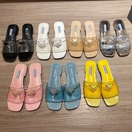 Triangle Label Jelly Transparent Shoe Slide Cover Lazy Slippers Rubber Bottom Women Square Toe Flat Blue Black White Pink Sandals