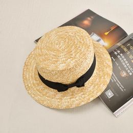 Wide Brim Hats 2023 Lady Boater Sun Caps Ribbon Round Flat Top Straw Fedora Panama Hat Summer For Women