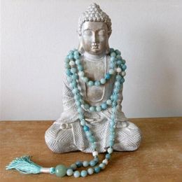 Pendant Necklaces 8mm Natural Blue Sea Stone Knotted Necklace Veins Chakas Yoga Wrist 108 Tassel Mala Prayer Jewellery For Women Or