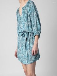 Casual Dresses Lace-up Women Paisley Print Viscose Round Neck Retro 2023 Spring Summer Front Buttons Female Robe